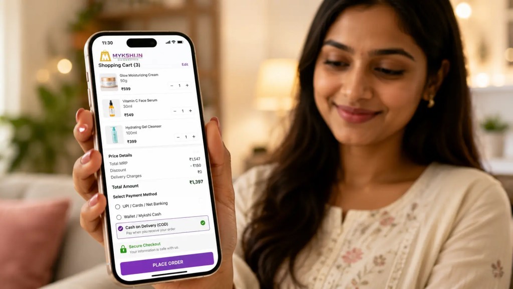 Mykshi a secure smartphone checkout screen showing a skincare order confirmation with Cash on Delivery selected.