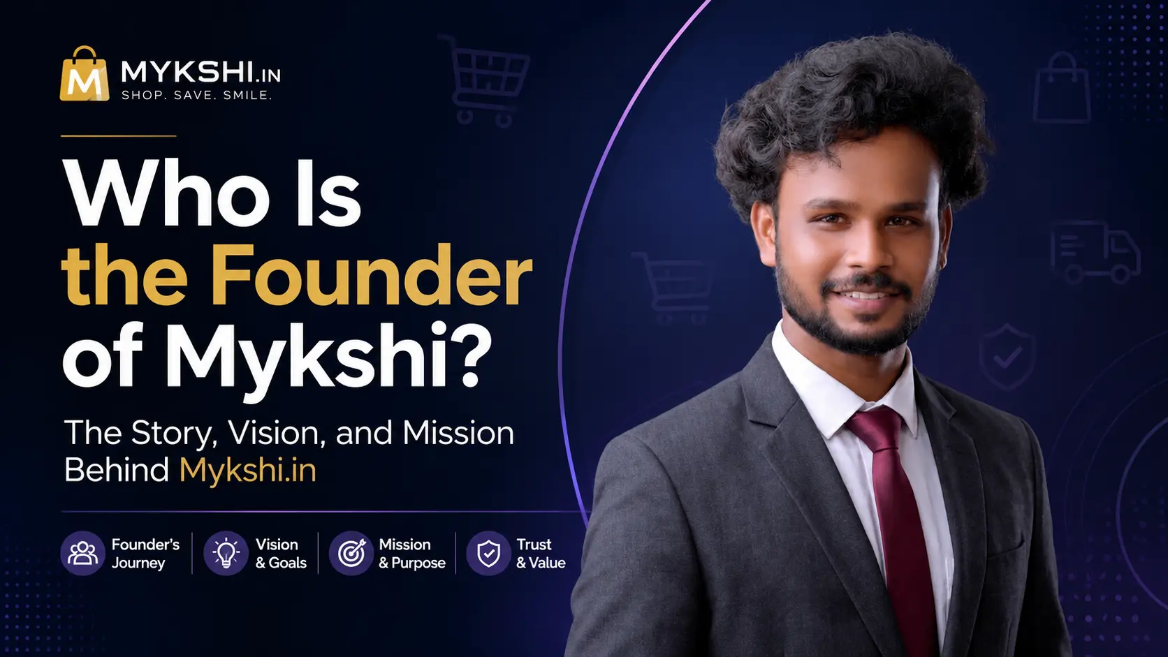 Founder profile layout for Mykshi e-commerce platform featuring Padrinath Manivannan.