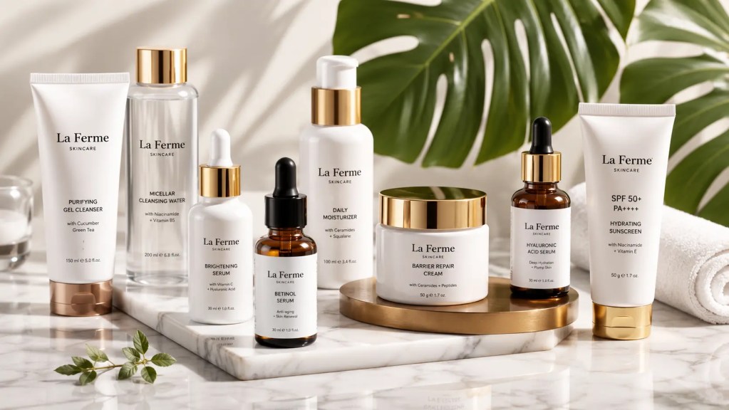 A collection of authentic skincare products from Mykshi displayed on a clean vanity table.